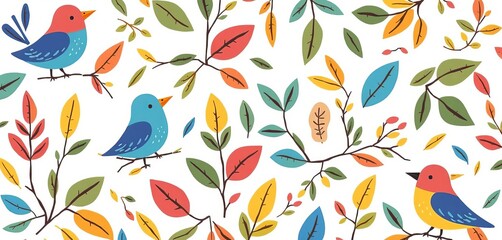 Whimsical bird and leaf pattern, cheerful colors on white , vintage, spring