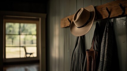 Classic Western Scene with Sheriff Hat, Gun Holster Hanging on Wooden Wall in Rustic Interior Setting