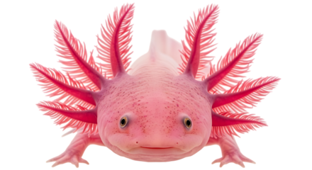 Adorable Pink Axolotl Salamander with Feathery Gills Facing Forward Isolated on Transparent Background for Creative Projects