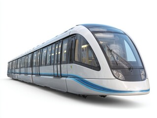 Modern light rail train, rendered in a  setting, showcases sleek design and clean lines.