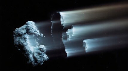 Colossal comet splitting into glowing blue trails in deep space – Suitable for astronomy content, cosmic wonder visuals, or science themes