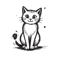 Cat Doodle Black and White Illustration Vector Image Cute Kitten Sketch Line Art Drawing Silhouette
