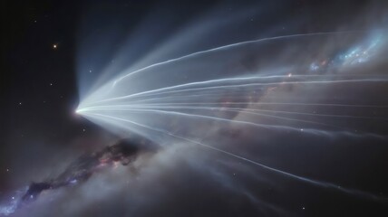 Colossal comet fragmenting into luminous white and blue trails in space – Ideal for cosmic wonder visuals, astronomy projects, or science education
