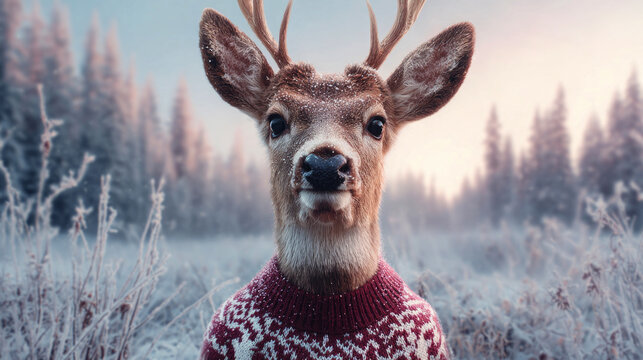 
funny deer wearing a sweater against a beautiful winter landscape 