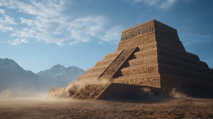 Stunning Pyramid Revealed by Sudden Windstorm in a Mystical Desert Landscape with Mountains in Background