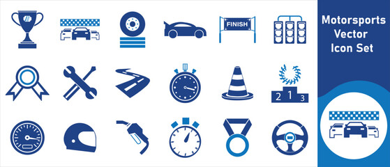 Motorsports vector icon set, motorsports, racing, speed, helmet, tire, pit stop, flag, checkered flag, steering wheel, engine, exhaust, fuel, speedometer, tachometer, gearbox and more
