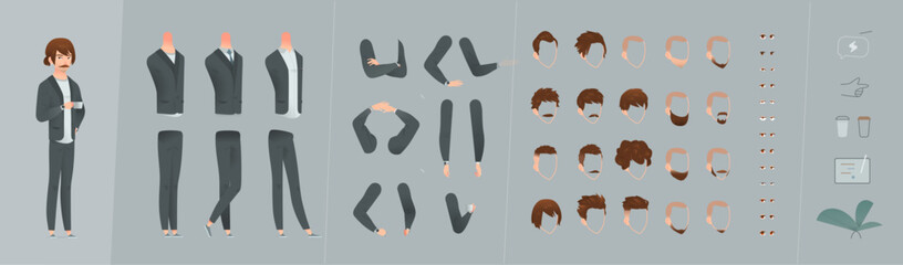 Stylish cartoon man with long brown hair tied in a braid, wearing a gray business suit and light sweater. Full body character in 5 dynamic poses, modern and approachable look.