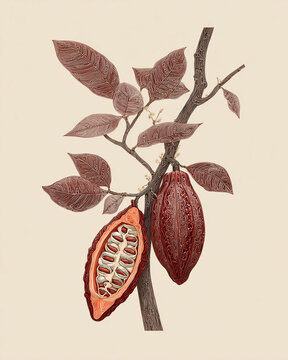Ramo di cacao con cabossa rossa e baccello sezionato, su fondo crema. Grafica botanica pulita e scontornabile per packaging di cioccolato, etichette premium, poster food e progetti editoriali.