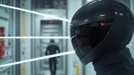 Cautious Thief in Sleek Black Attire Wearing Mask, Navigating High-Tech Environment with Caution