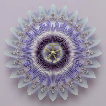Grande passiflora centrale con petali lilla e corona filiforme, contornata da foglie su verde menta. Risorsa scontornabile per carte, pattern, branding naturale, poster e home decor.