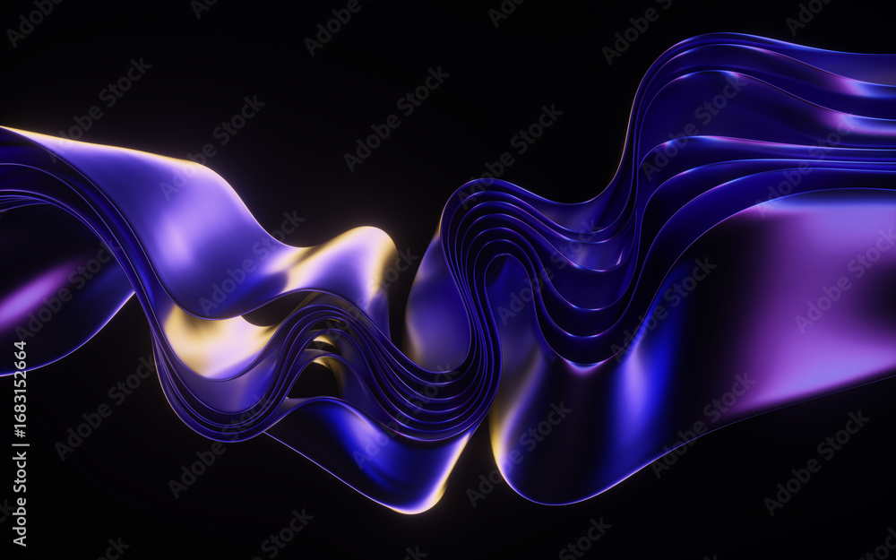 Poster glass wavy shape with colorful dispersion effect. 3d render isolated on black.