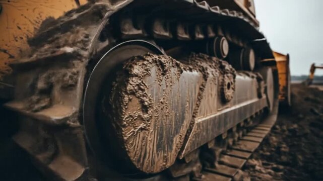 Muddy Bulldozer Tracks Digging, Extreme Close Up, Heavy Equipment in Action