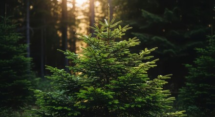 Fototapeta premium Sunlit evergreen tree in forest with lush greenery and soft sunlight