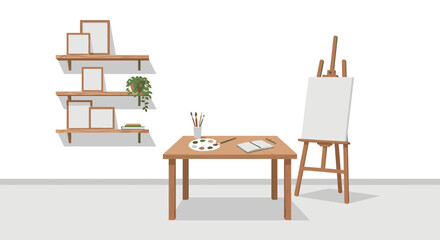 Cozy art studio corner with easel, wooden table, and wall shelves