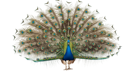Magnificent peacock displaying its vibrant iridescent train feathers in a full fanned-out courtship ritual showing incredible natural beauty and elegance