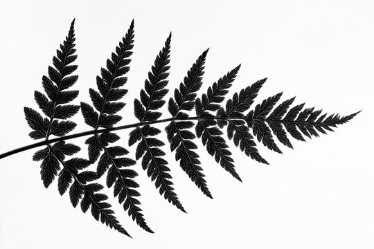 Fronda di felce nera su bianco, silhouette grafica ad alto contrasto. Elemento naturale isolato per poster, tatuaggi, pattern e loghi; fondo neutro, scontorno immediato.