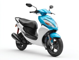 A modern, vibrant blue and white scooter is showcased against a plain white backdrop.