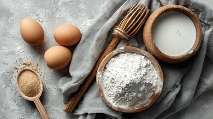 Baking ingredients on a textured surface: eggs, flour, milk, brown sugar, whisk, and fabric.