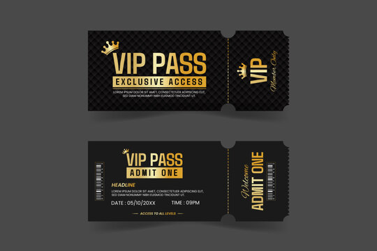VIP Pass Ticket in Luxury Black and Gold Style, Cinema Invitation or Exclusive Event Access
