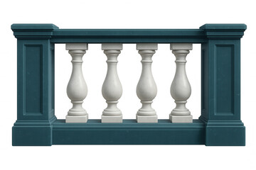 Elegant white balustrade with teal handrail, architectural detail rendered against transparent backdrop, highlighting classic design elements