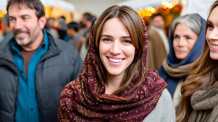 Smiling Woman in Cultural Attire at Outdoor Festival with Friends and Visitors