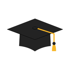 A black graduation cap with a yellow tassel hangs on the right The cap has a square top