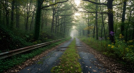 Obraz premium Mystical forest road beckons toward misty unknown path