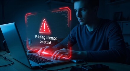 Man detecting phishing attempt on laptop with warning alert in dark office, cybersecurity risk and data protection awareness for online threat prevention and digital safety at night