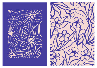 Abstract retro aesthetic backgrounds set with doodle flowers. Vintage floral mid century art prints. Brush textured botanical wall art. Modern naive interior decorations, paintings, posters
