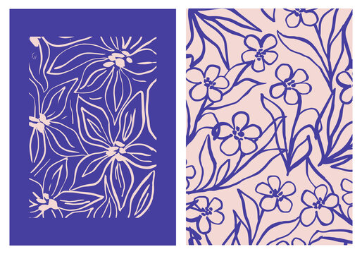 Abstract retro aesthetic backgrounds set with doodle flowers. Vintage floral mid century art prints. Brush textured botanical wall art. Modern naive interior decorations, paintings, posters