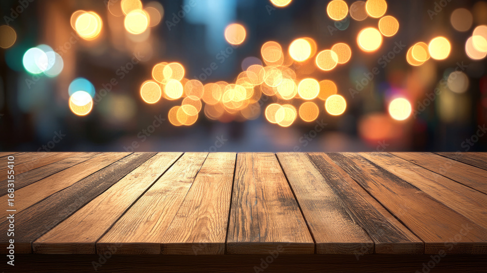 Aufkleber wooden table surface with blurred bokeh lights in the background creating a warm atmosphere view