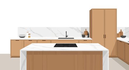 Fototapeta premium Modern kitchen design, minimalist style with marble island and sleek cabinetry