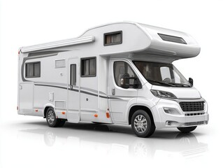 A modern, light gray and white camper van is presented against a plain white background, showcasing its sleek design and spacious interior.