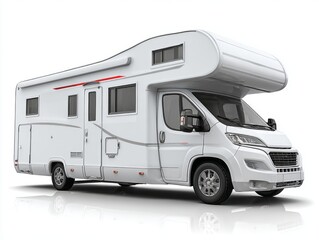 A full shot of a modern white camper van, highlighting its sleek design and spacious features.