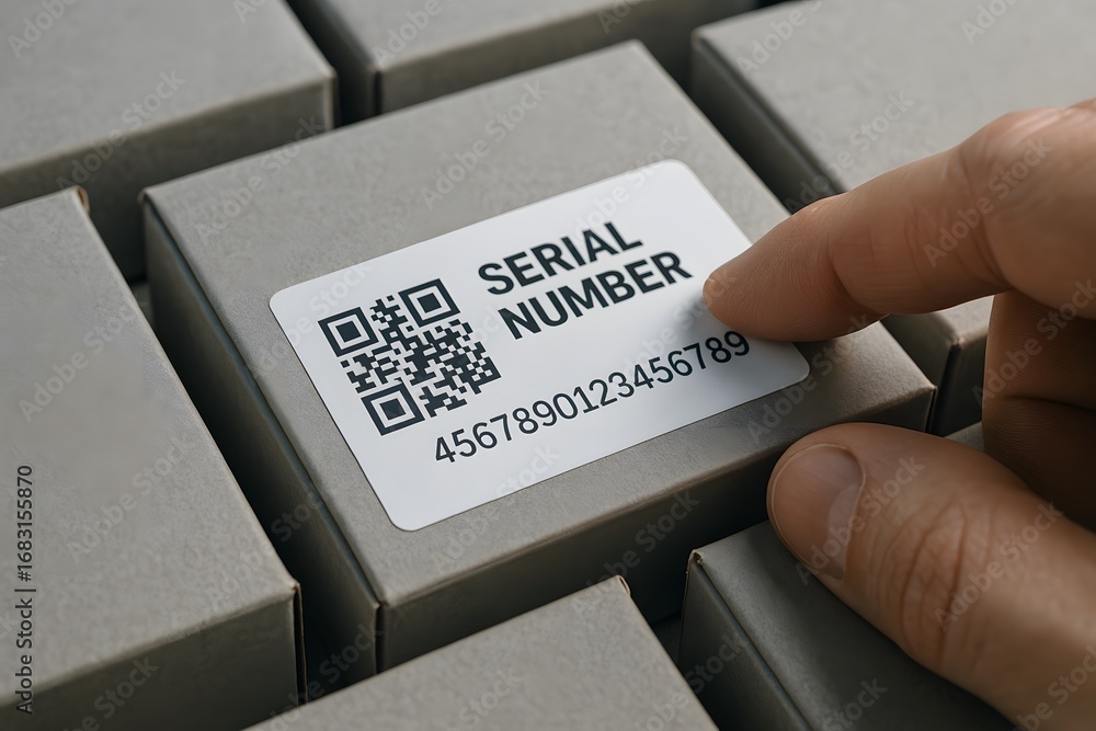 Aufkleber a hand pointing at a serial number on a package, highlighting tracking and identification