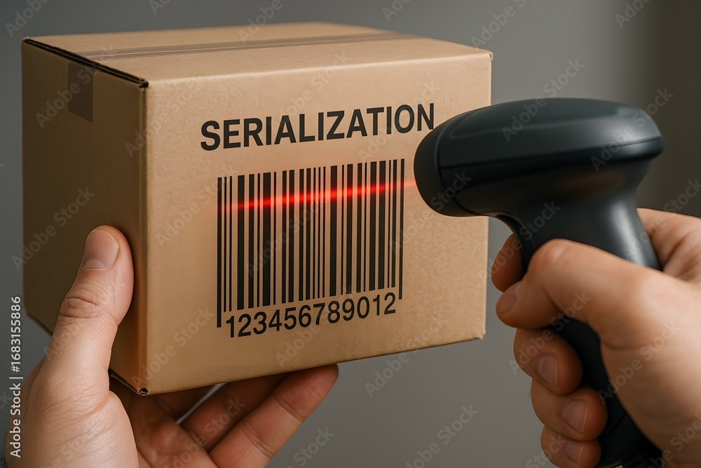 Poster hands scanning a box with a barcode and the word serialization