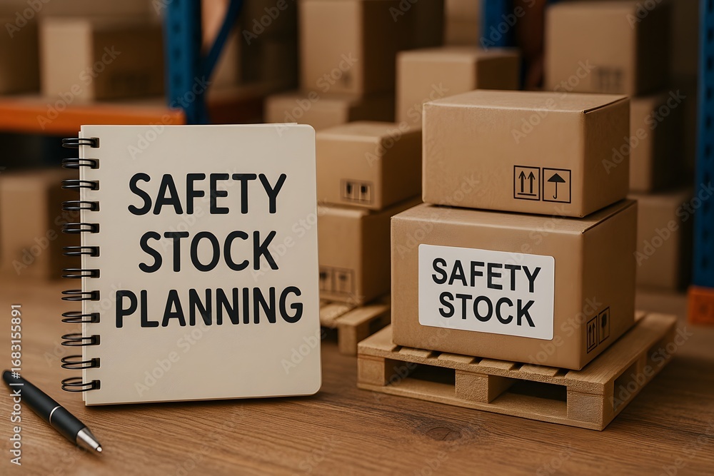Poster concept of inventory planning with safety stock. cardboard boxes and a notebook with text on it.