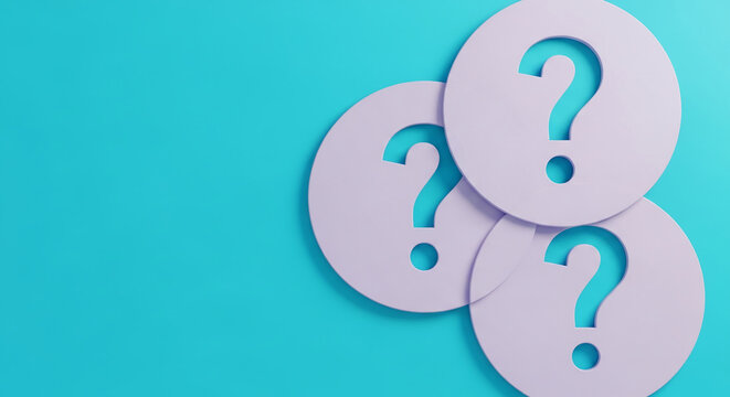 Lilac circles with question marks on cyan background, showcasing uncertainty or inquiry concept Free space for text - Powered by Adobe