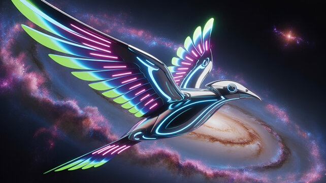 A futuristic bird soars through space with neon wings against a galaxy