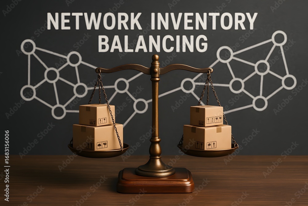 Poster conceptual illustration showcasing network inventory balancing, symbolizing the equilibrium of resou