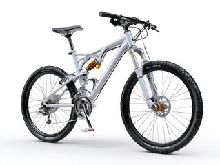 A modern, light gray mountain bike, with intricate suspension details, is showcased against a plain white backdrop.