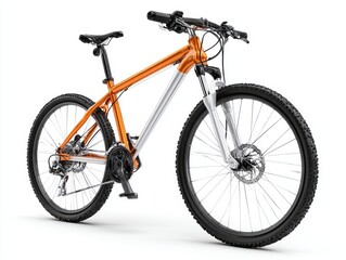 A modern mountain bike, showcasing a dynamic orange and silver color combination, is presented on a plain white background.