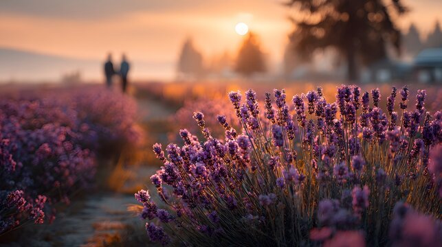 Close-up of purple lavender flowers in a field, with a romantic couple blurred in the background against a warm, glowing sunset with lens flare.