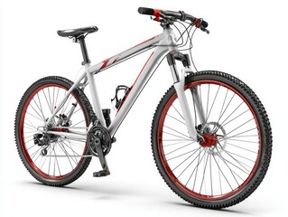 A modern mountain bike, rendered in a  setting, showcasing its silver frame and red accents.