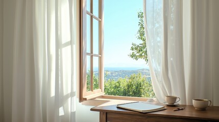 Tranquil Scene of an Open Window with Sheer Curtains Billowing in Sunlight and Scenic Outdoor View