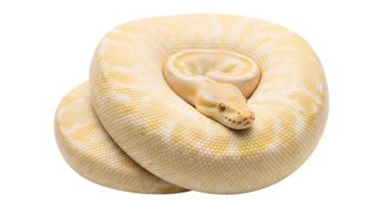 Albino Ball Python Curled Up Resting Calmly Showing Its Yellow and White Scales Isolated on Transparent Background Serene Reptile Creature