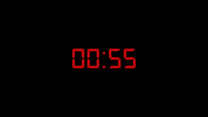 Digital Countdown timer one minute animation from 60 to 0 seconds on transparent background. 1 minutes countdown timer animation. 4k video