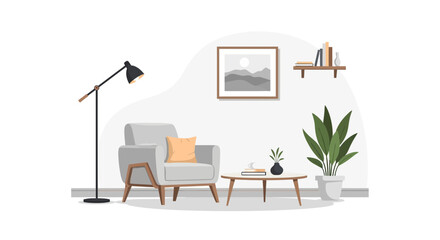 Stylish interior space with armchair, floor lamp, and decorative accents