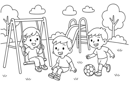 Cute cartoon illustration of kids playing at the playground with a swing, slide, and ball, perfect for a fun coloring book page.