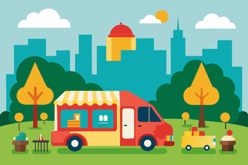 a bustling food truck festival in a city park  
